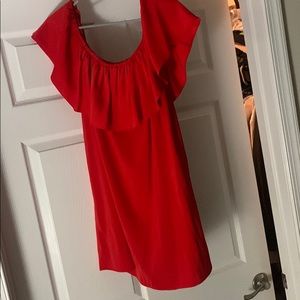 Off the shoulder red ruffle silk cocktail dress
